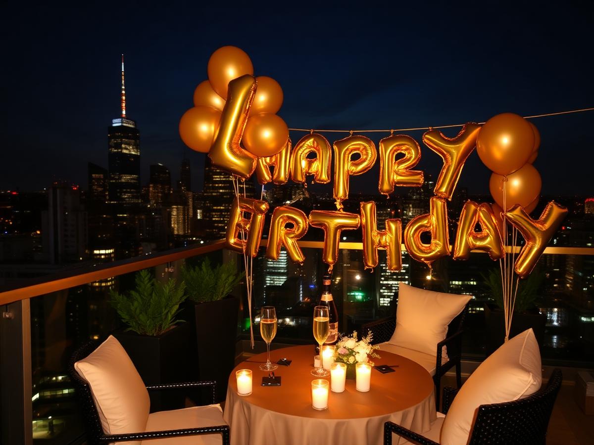 Rooftop milestone birthday celebration with gold balloons and city skyline at night