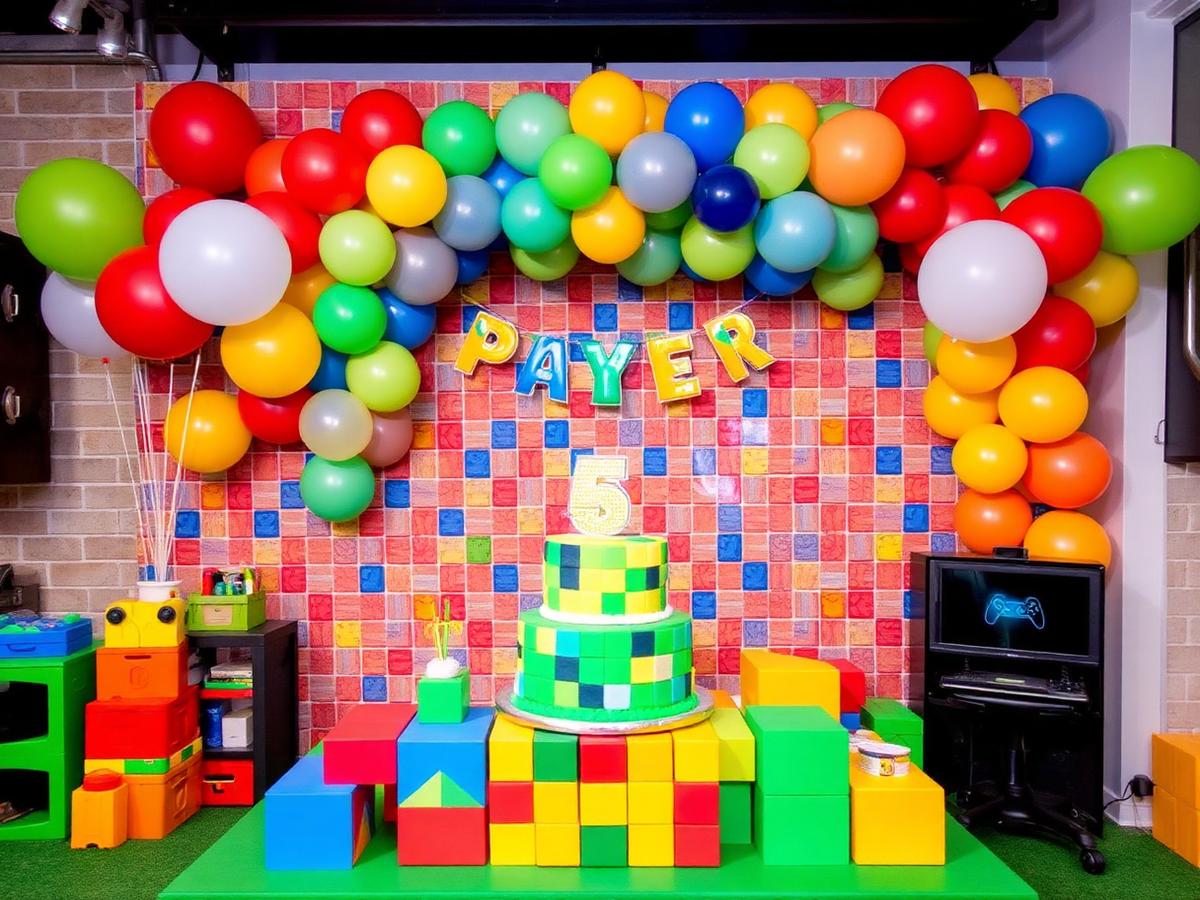 Block-Building Gaming Party birthday setup with colourful brick decor and pixel cake