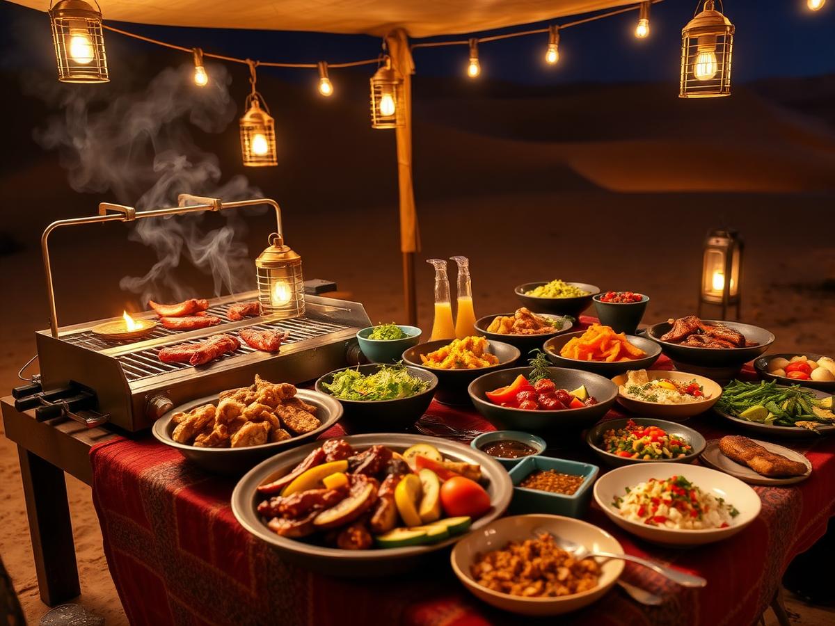 Outdoor camp catering with live BBQ grill and Arabic mezze spread in the UAE