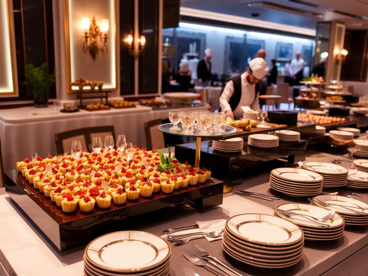 Luxury event catering table with canapés, gold-rimmed plateware and a live chef station in the UAE