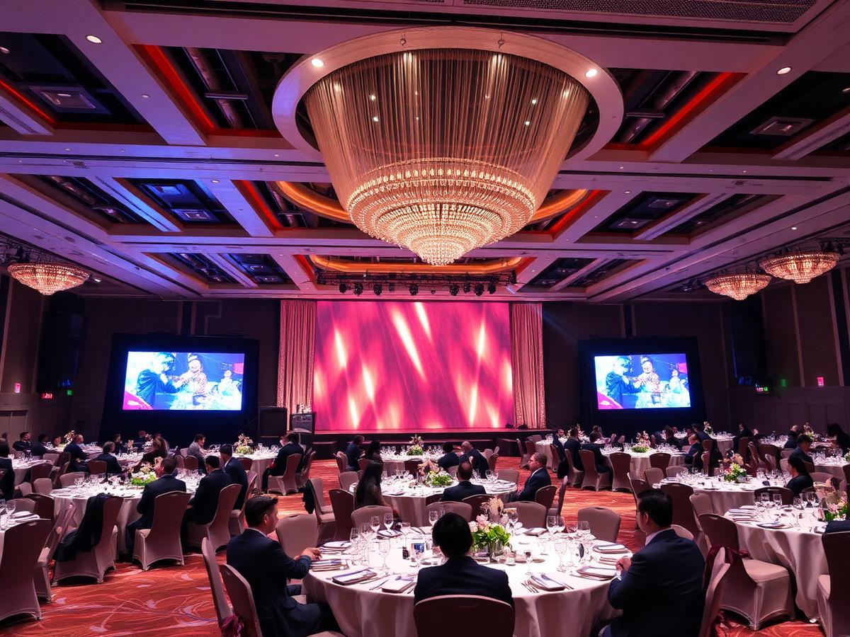 Corporate gala dinner with stage and LED screen produced for corporate event management in Dubai