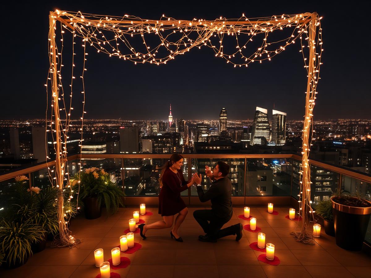 Rooftop proposal setup with fairy light canopy and candles at night in the UAE