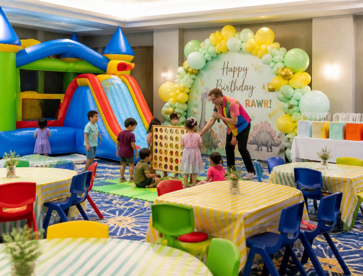 Bouncy castle and soft play games at a children's birthday party in Dubai