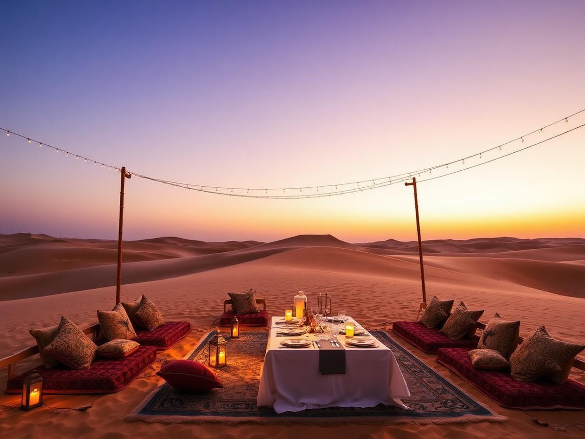 Private desert party dinner setup with lanterns and majlis seating in the UAE dunes