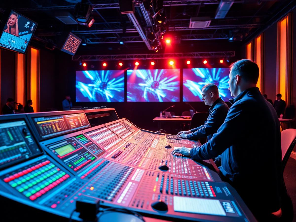 Audio and lighting control desk operated by technicians at a live event in the UAE