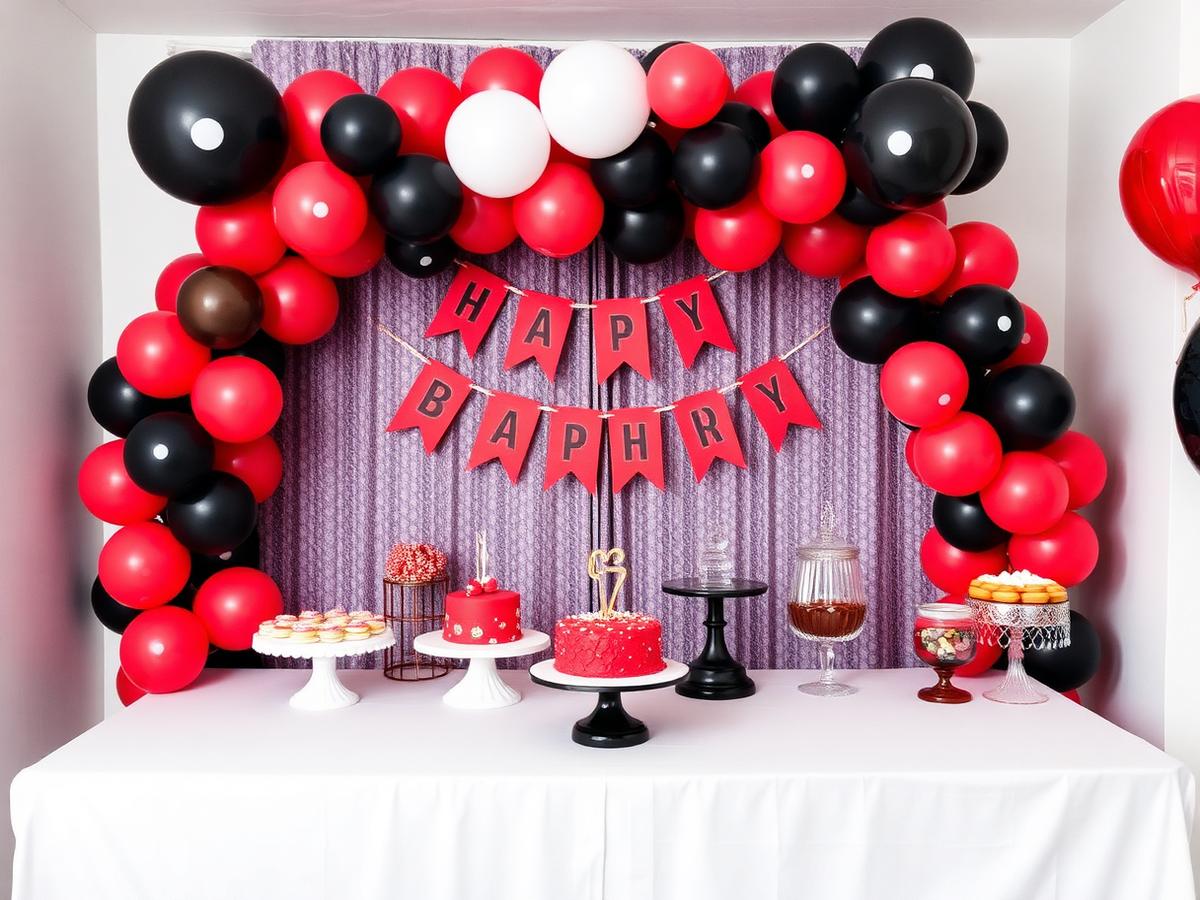 Red Lady Hero themed birthday party with red and black polka dot balloons and dessert table